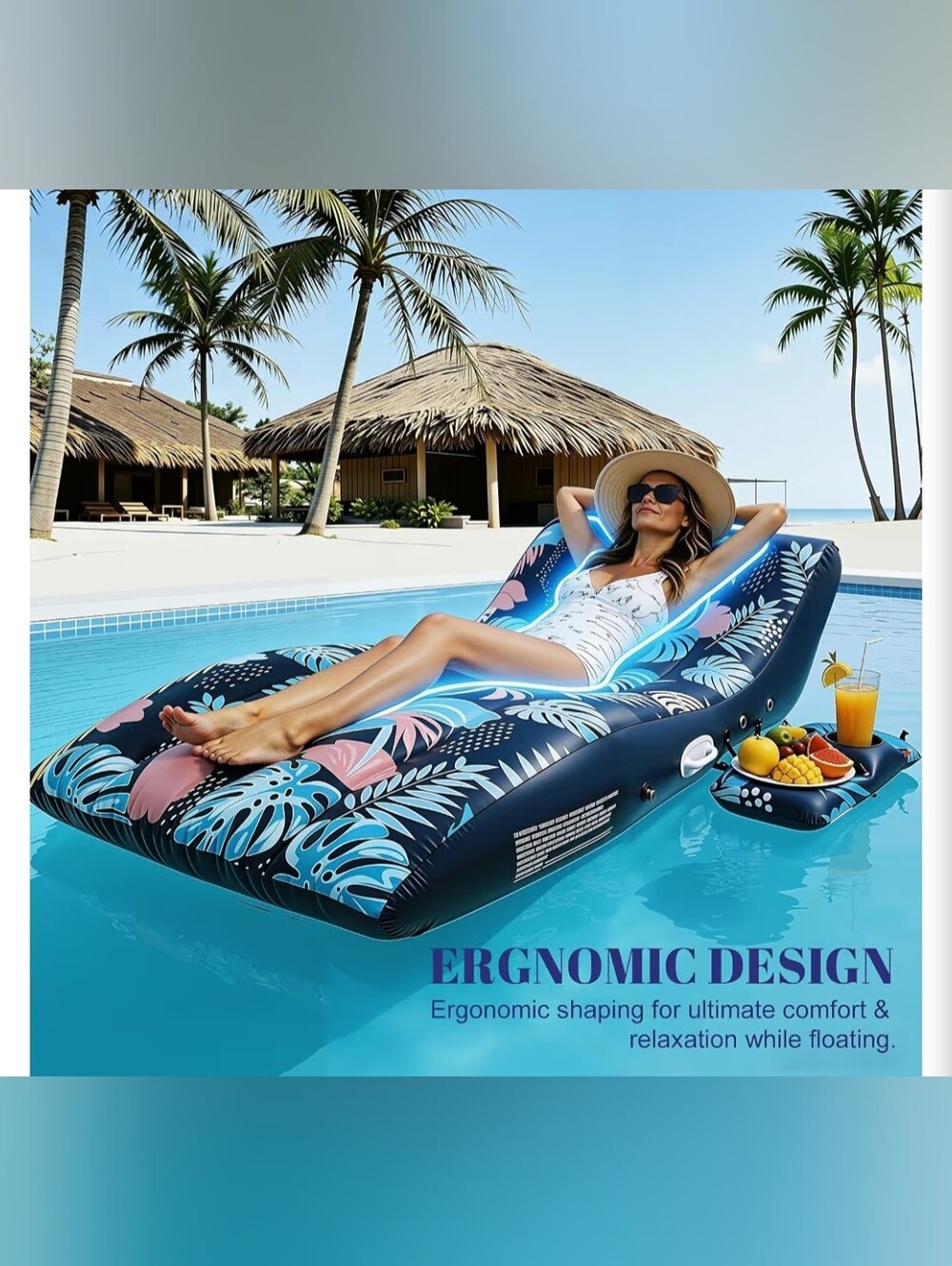 EUC Inflatable Ergonomic Adult Beach Lounger Tropical Leaf Print, Navy Pink Teal - Picture 5 of 15